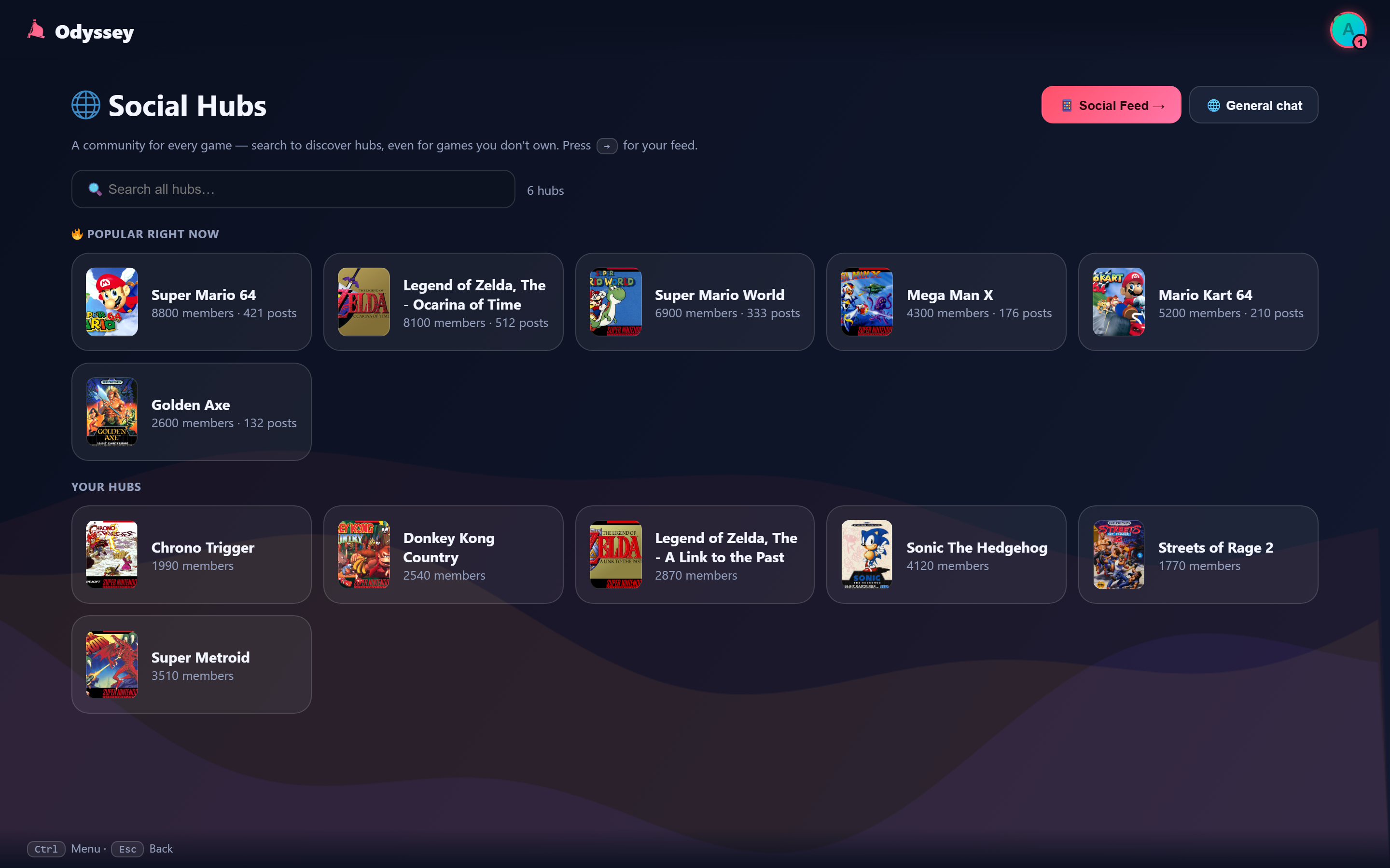 The Social Hubs page with game hubs