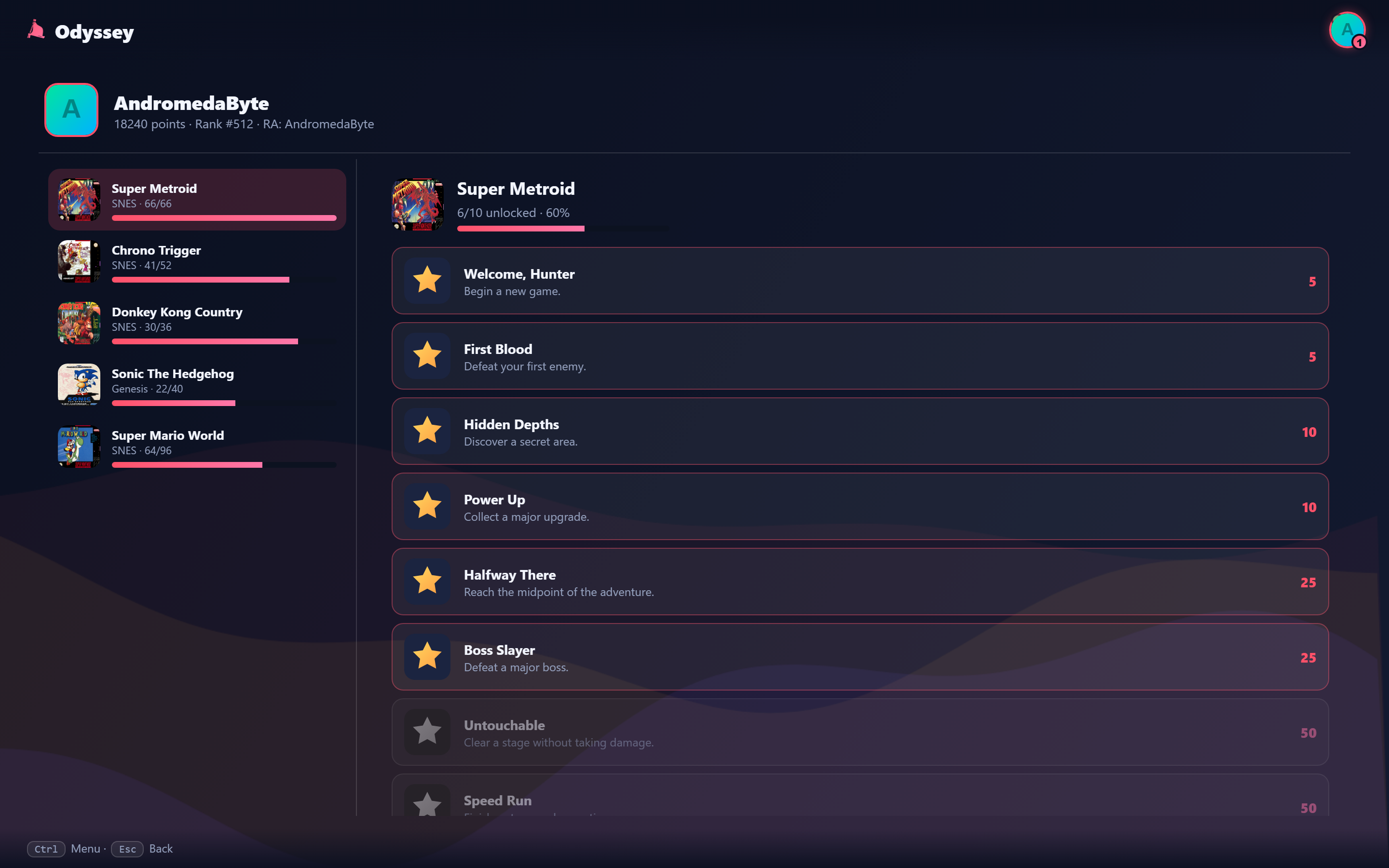 The achievements screen with games and a list of unlocked and locked achievements